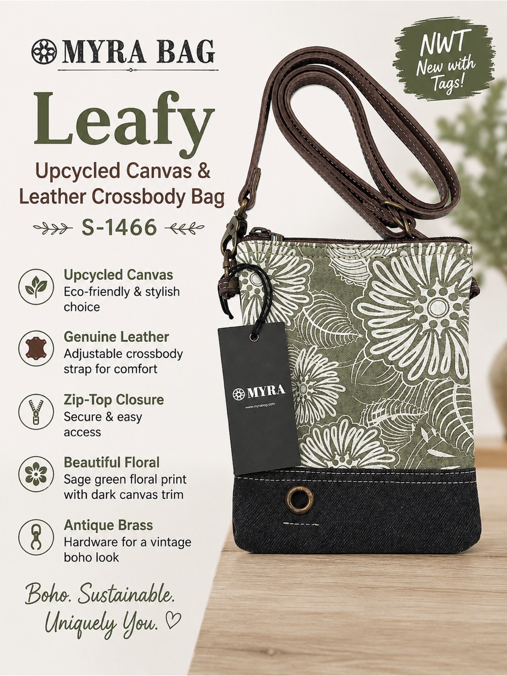 NWT Myra Bag Leafy Upcycled Canvas & Leather Crossbody Bag S-1466 Floral Boho